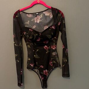 Fashion Nova Floral Long Sleeve Bodysuit - Black and Pink